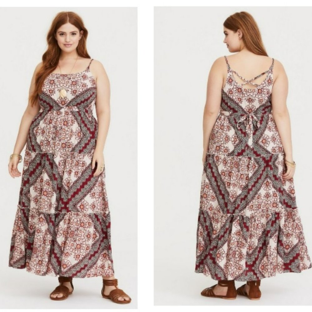 Torrid Red and Black Challis Tiered Scarf Print Maxi Dress Sz 1X